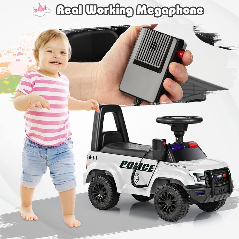 Olakids Ride On Push Police Car, Toddler Foot-to-Floor Sliding Toy with Siren, Steering Wheel, Megaphone, Horn, Headlights, Under Seat Storage, Kids Racer Walking Gift for Boys Girls 1-3 (White) - Image 3